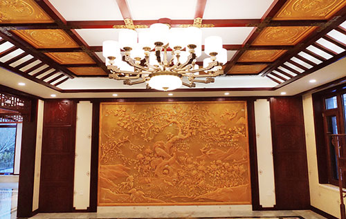 崆峒中式别墅客厅中式木作横梁吊顶装饰展示